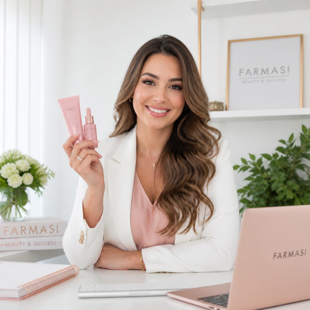 Consultora Farmasi de sucesso apresentando produtos de skincare da marca